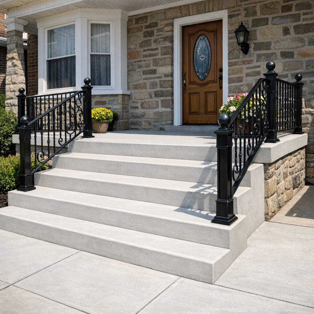 Beautifully restored concrete front steps on Philadelphia rowhome after professional repair