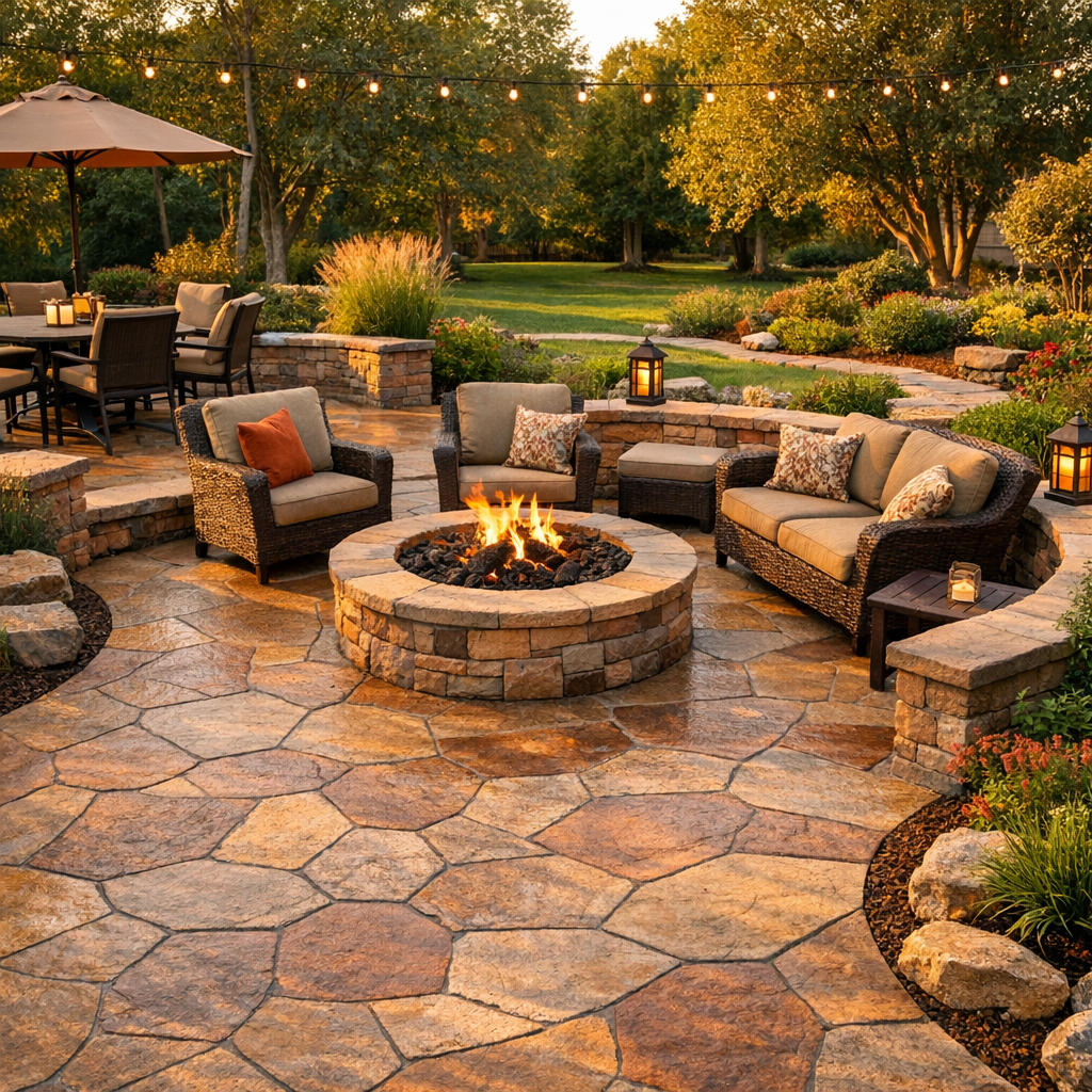 Stunning decorative stamped concrete backyard patio with fire pit after professional installation