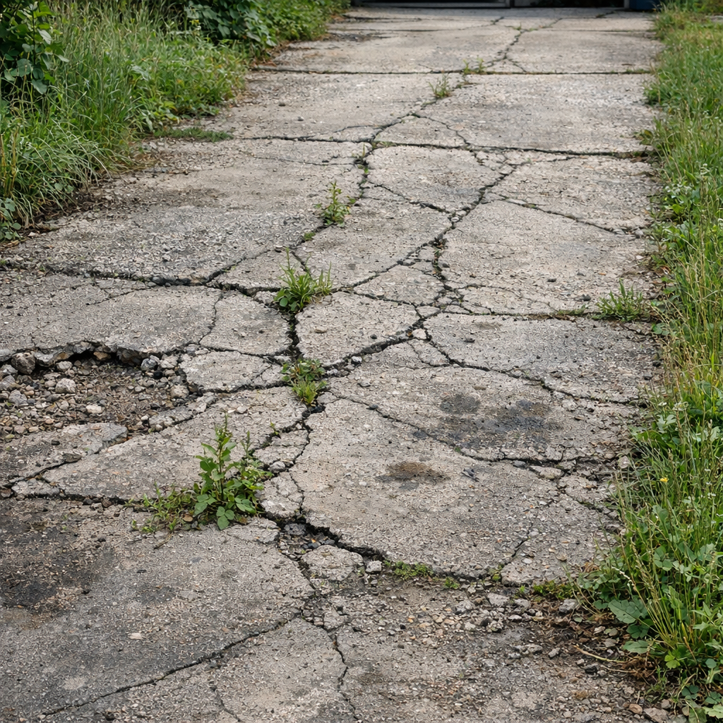 Damaged concrete driveway with cracks and weeds in Philadelphia before professional repair