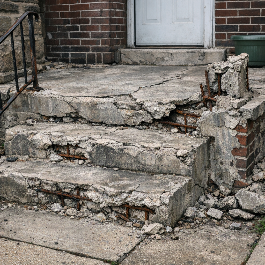 Crumbling concrete front steps with exposed rebar on Philadelphia rowhome before restoration
