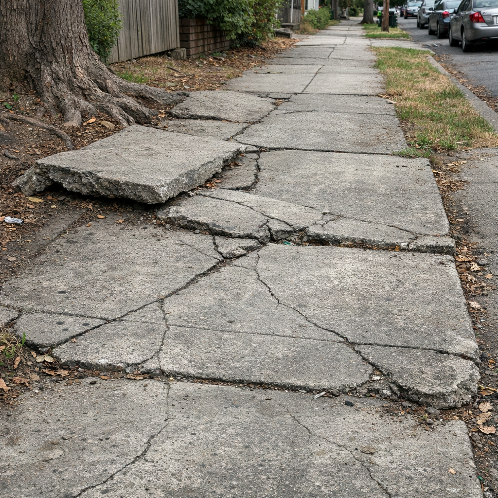 Broken uneven concrete sidewalk with tripping hazards in Philadelphia before replacement
