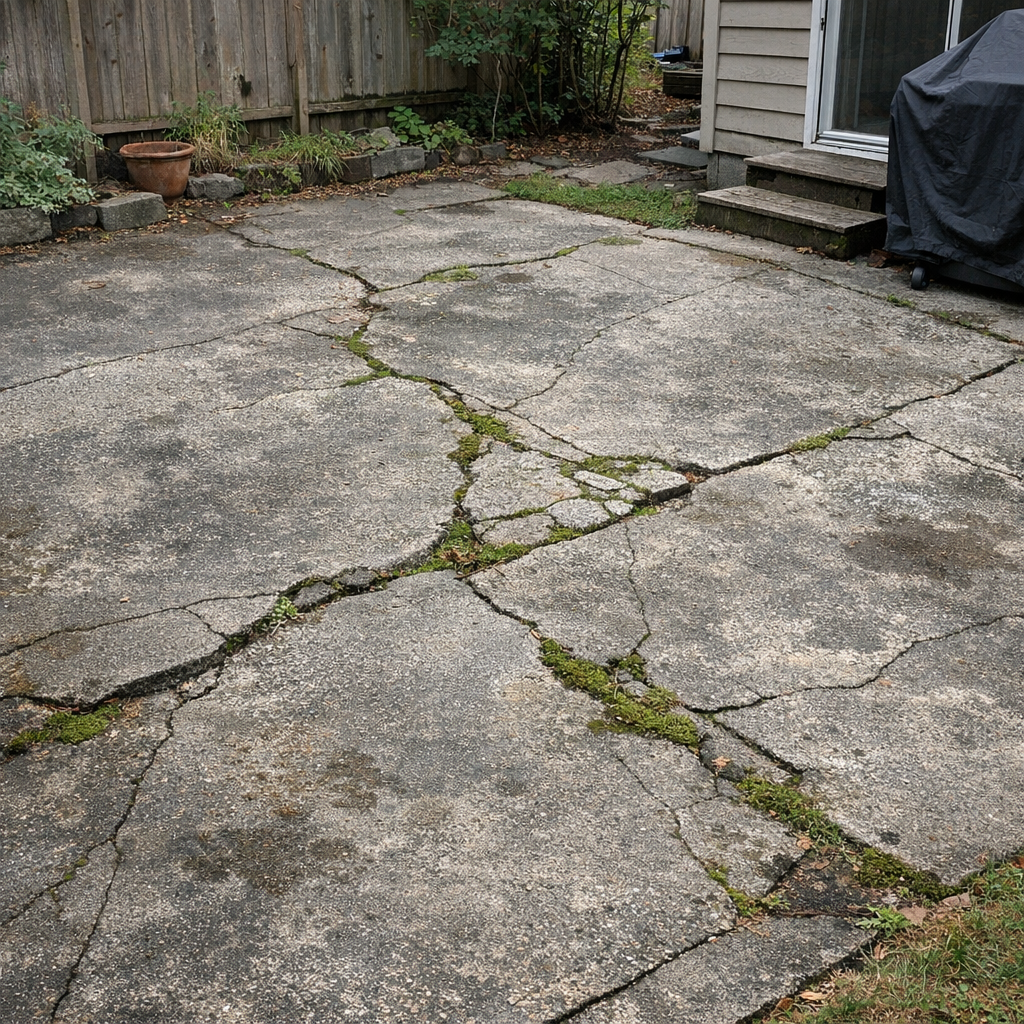 Old worn concrete backyard patio with cracks and stains before renovation